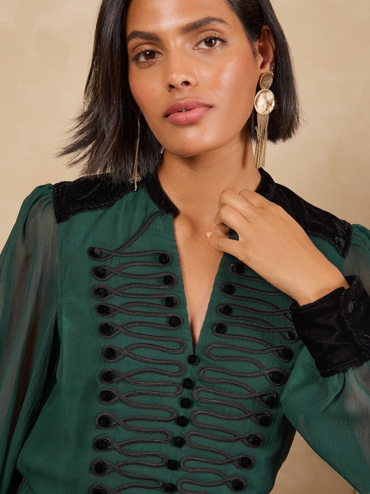 Love & Roses Forest Green Frogging Velvet Detail Midi Dress - Image 2 of 6