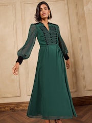 Love & Roses Forest Green Frogging Velvet Detail Midi Dress - Image 3 of 6
