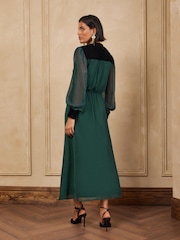 Love & Roses Forest Green Frogging Velvet Detail Midi Dress - Image 4 of 6