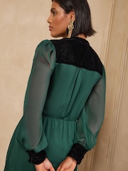 Love & Roses Forest Green Frogging Velvet Detail Midi Dress - Image 5 of 6