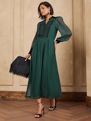 Love & Roses Forest Green Frogging Velvet Detail Midi Dress - Image 6 of 6