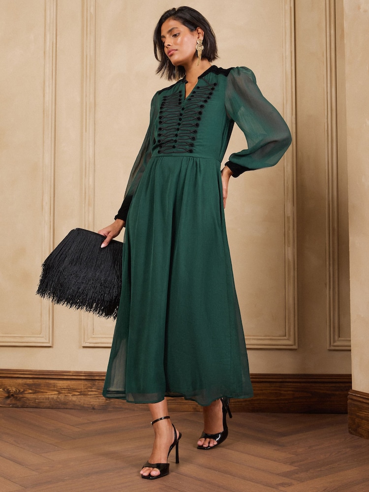 Love & Roses Forest Green Frogging Velvet Detail Midi Dress - Image 6 of 6
