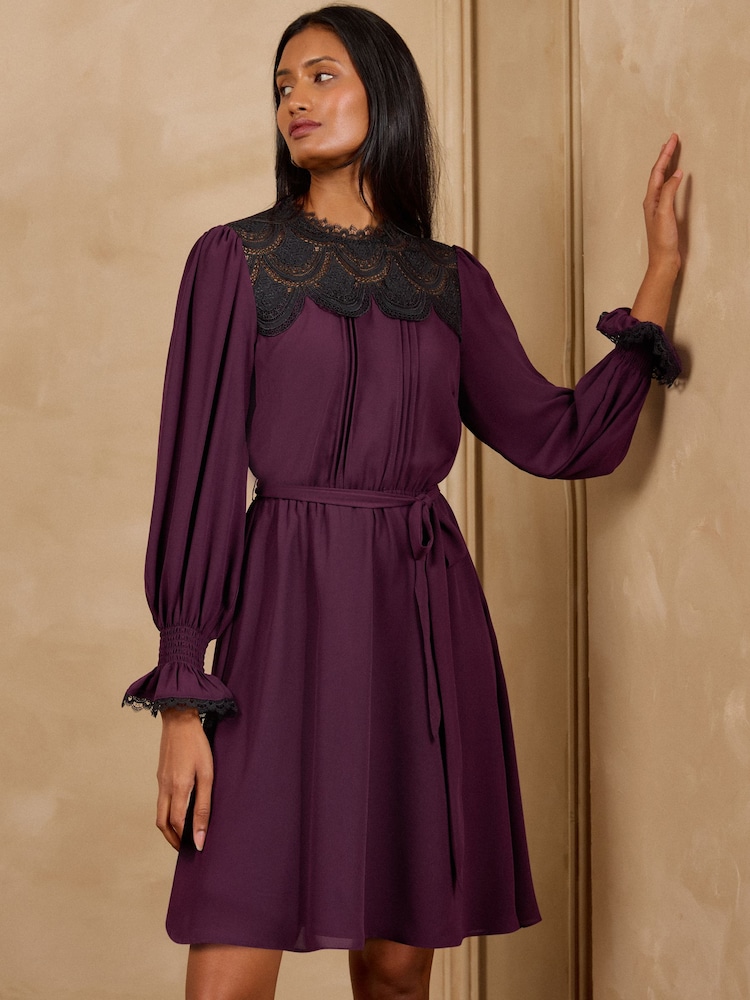 Violetti - Love & Roses -pitsi-kaarredetaljillinen Vyöllinen minimekko - Kuva 1 / 4