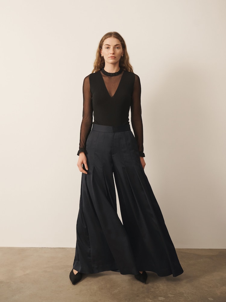 CERENE Darcy Black Super Wide Pleat Front Satin Palazzo Trousers - Image 1 of 11 CERENE Darcy Black Super Wide Pleat Front Satin Palazzo Trousers - Image 1 of 11