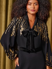 Love & Roses Black Foil Detail Tie Neck Mini Dress - Image 2 of 6