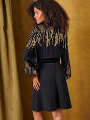 Love & Roses Black Foil Detail Tie Neck Mini Dress - Image 5 of 6
