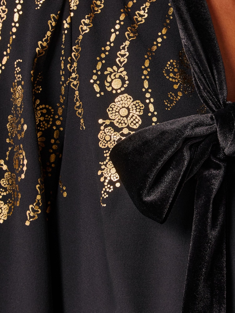 Love & Roses Black Foil Detail Tie Neck Mini Dress - Image 6 of 6
