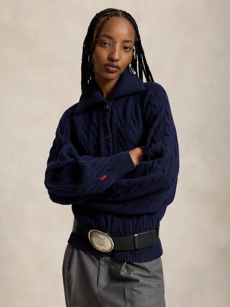 Polo Ralph Lauren Blue Heavy Rib Exaggerated Collar Cardigan - Image 1 of 5