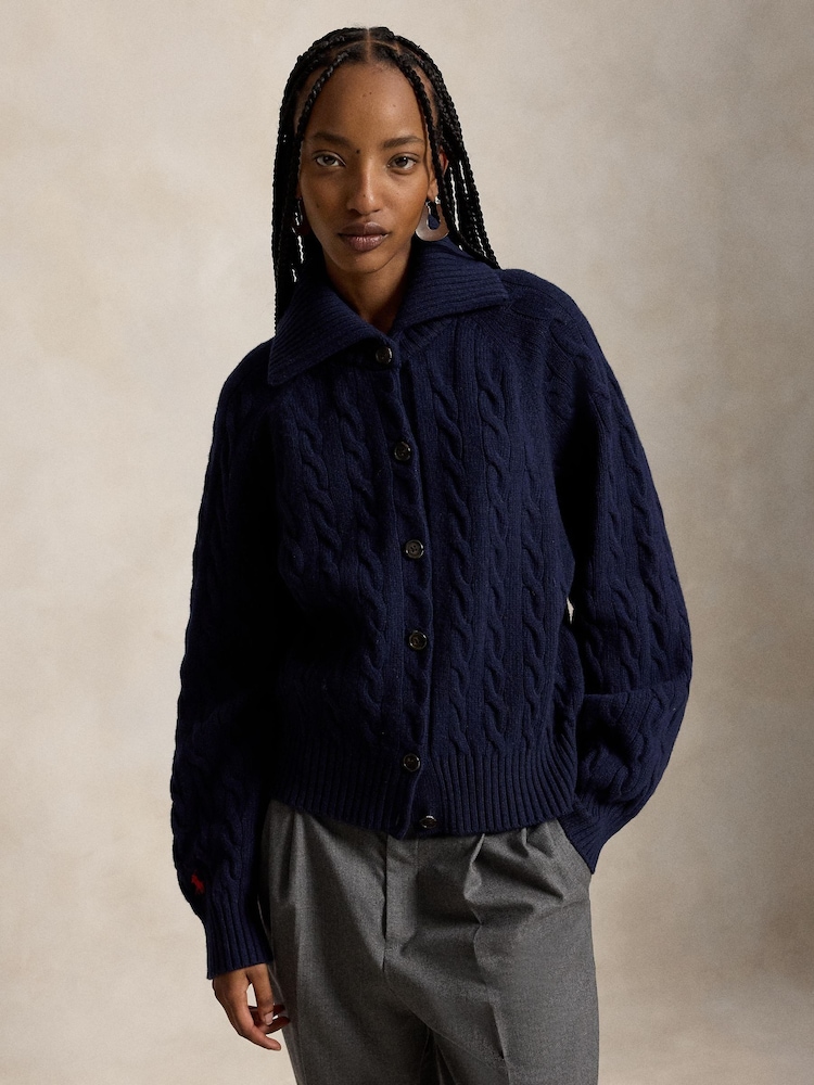 Polo Ralph Lauren Blue Heavy Rib Exaggerated Collar Cardigan - Image 5 of 5