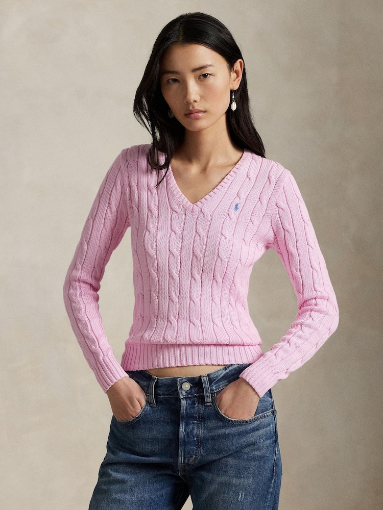 Polo Ralph Lauren Pink Kimberley Cotton Cable Knit V-Neck Sweater - Image 1 of 6