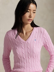 Polo Ralph Lauren Pink Kimberley Cotton Cable Knit V-Neck Sweater - Image 3 of 6