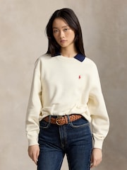 Polo Ralph Lauren White Crew Neck Logo Sweatshirt with Contrast Collar Sweat Top - Image 1 of 6