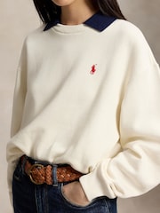 Polo Ralph Lauren White Crew Neck Logo Sweatshirt with Contrast Collar Sweat Top - Image 5 of 6