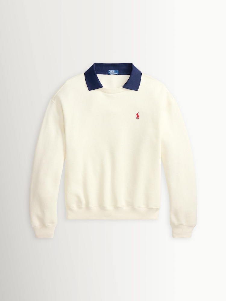Polo Ralph Lauren White Crew Neck Logo Sweatshirt with Contrast Collar Sweat Top - Image 6 of 6