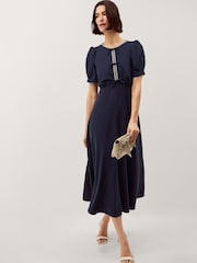 Monsoon Blue Bonnie Bow Puff Sleeve Midi Dress - Image 1 of 4
