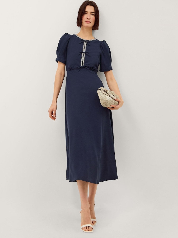Monsoon Blue Bonnie Bow Puff Sleeve Midi Dress - Image 2 of 4