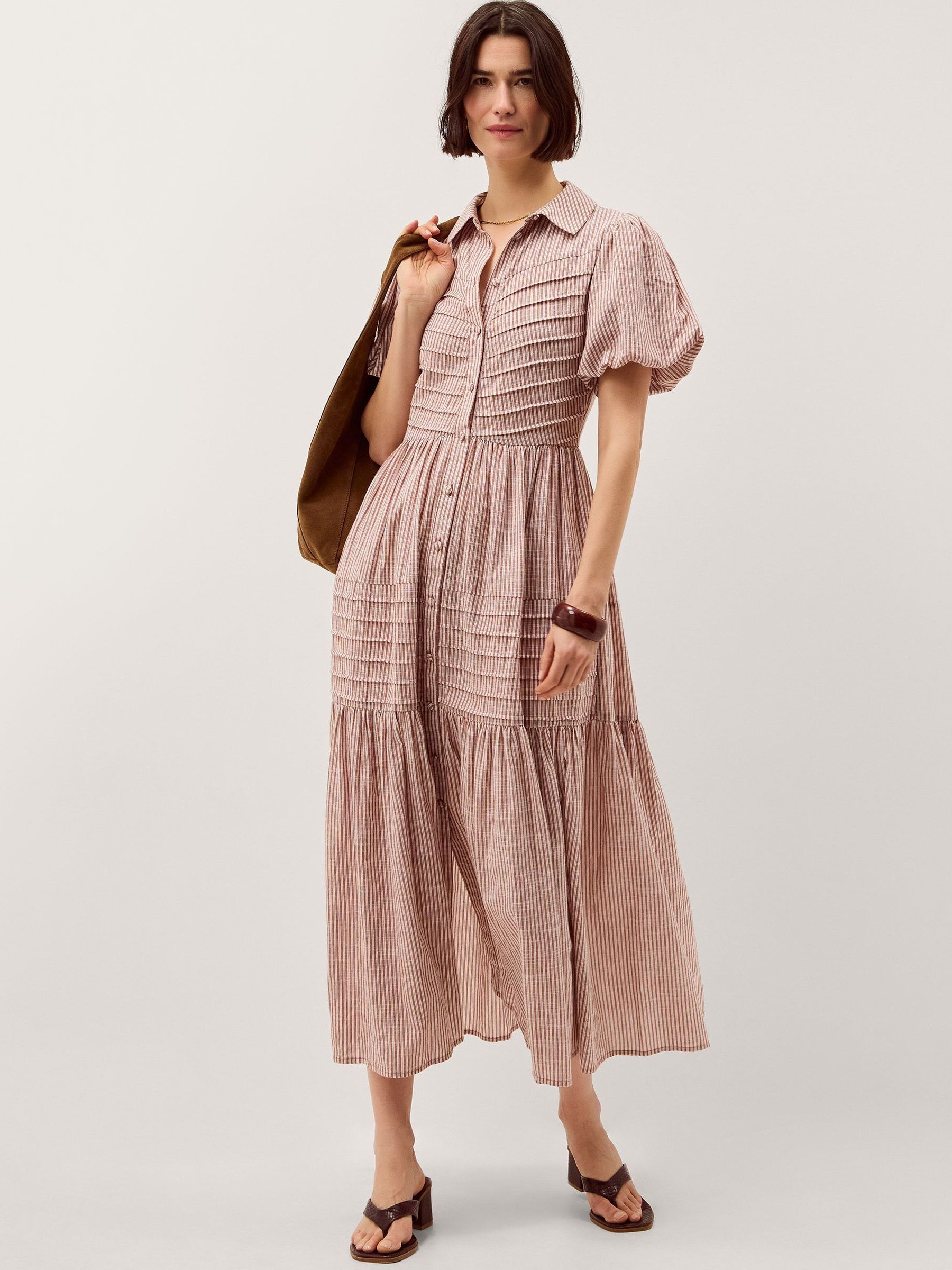 Buy Monsoon Brown Winnie Short Puff Sleeve Stripe Pintuck Pleats