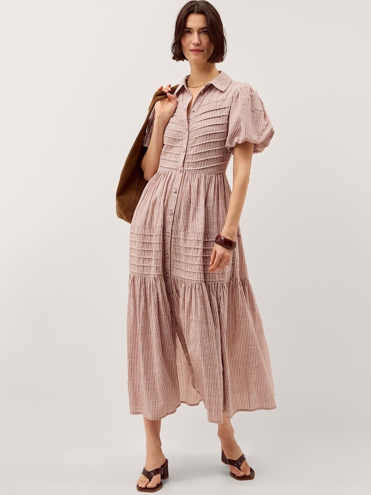 Monsoon Brown Winnie Puff Sleeve Stripe Midi Dress - Image 1 of 4