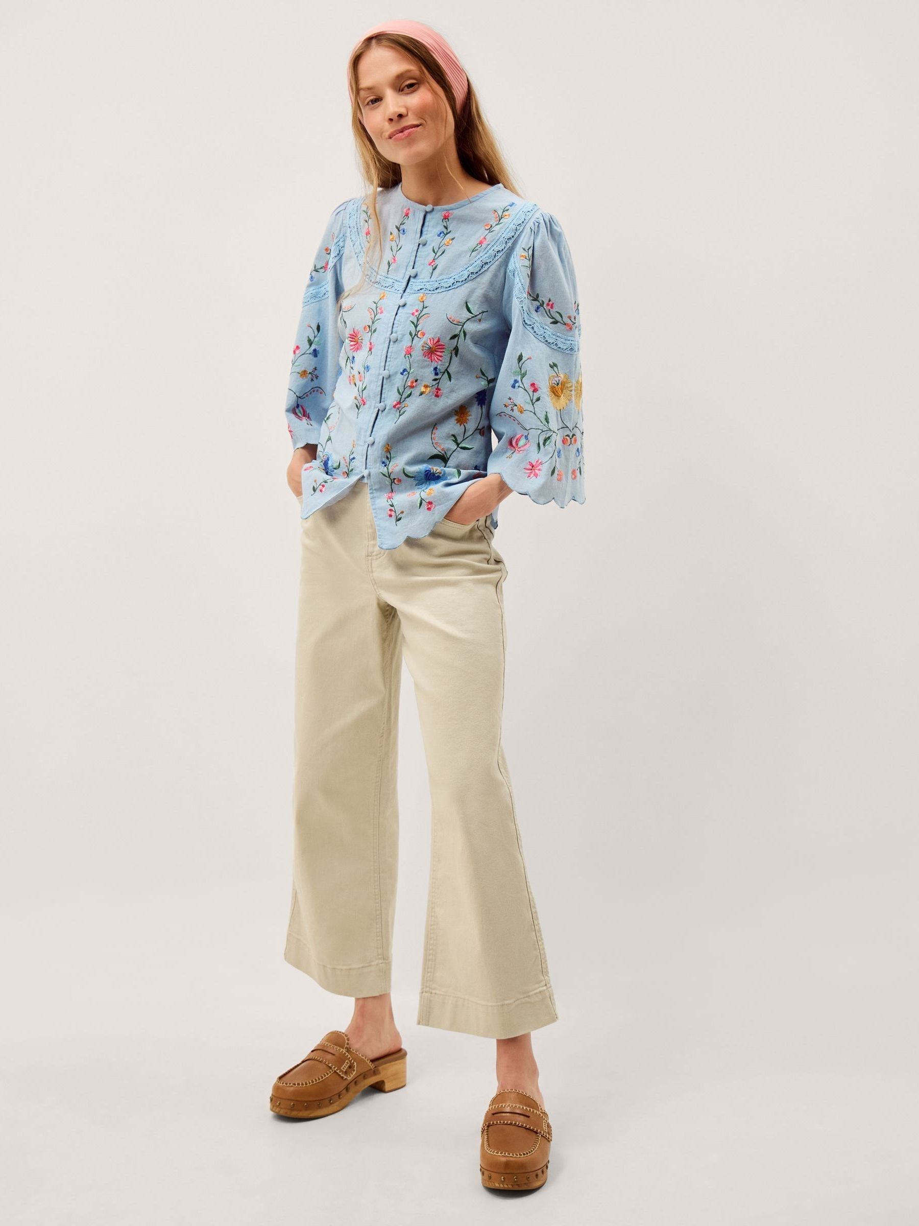 Buy Monsoon Blue Alice Floral Embroidered Scallop Edge Button Up