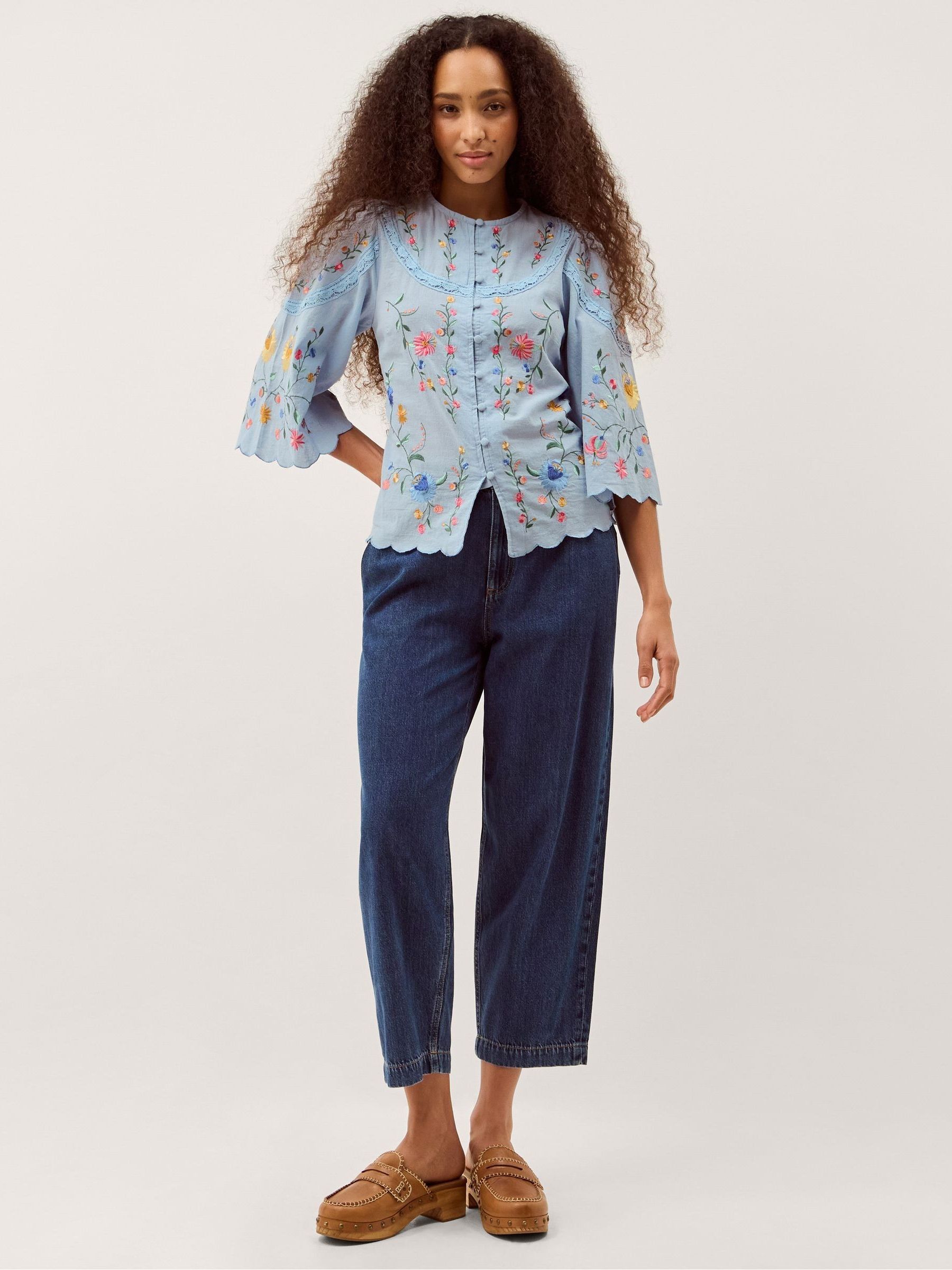 Buy Monsoon Blue Alice Floral Embroidered Scallop Edge Button Up