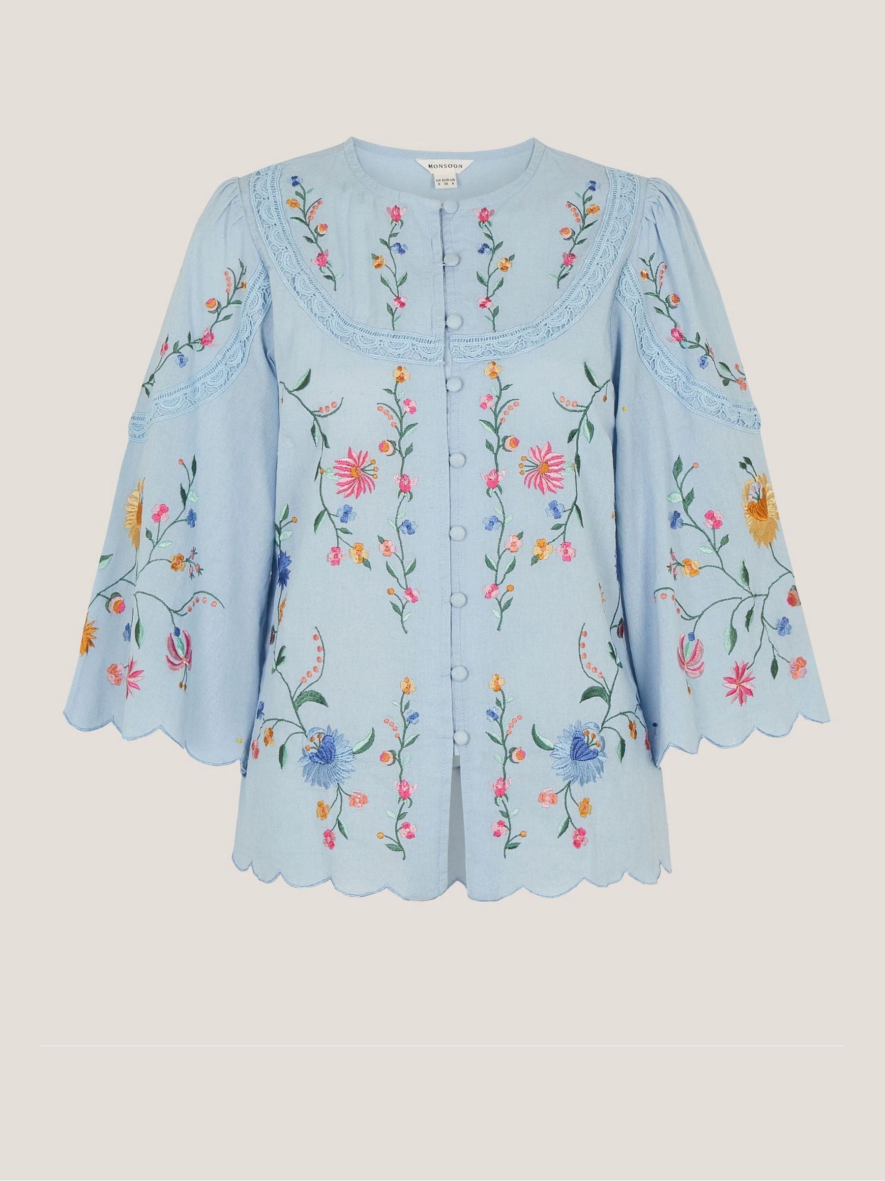 Buy Monsoon Blue Alice Floral Embroidered Scallop Edge Button Up