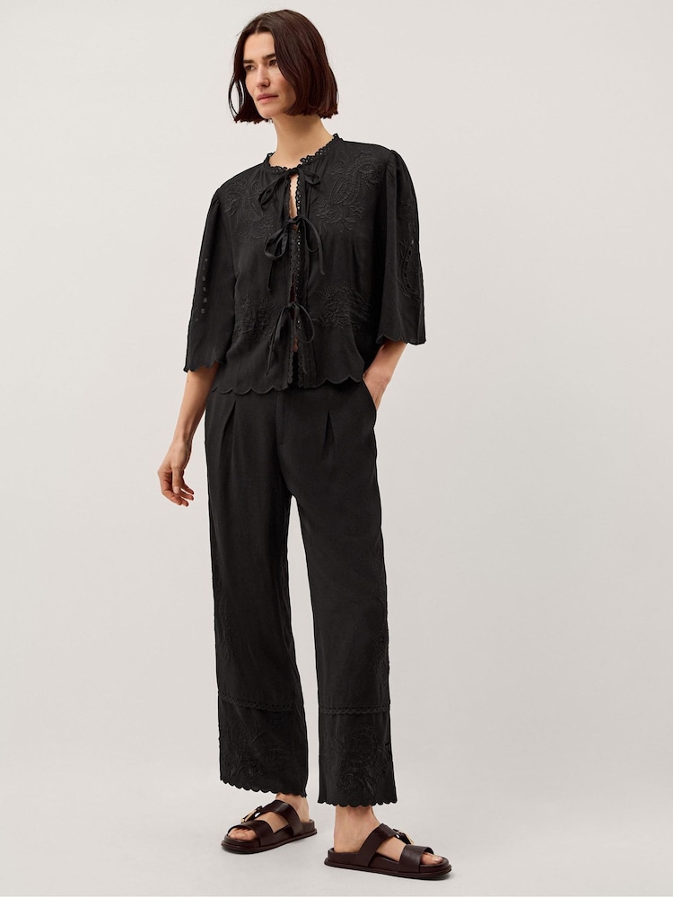 Monsoon Black Cindy Embroidered Wide Leg Trousers - Image 5 of 5