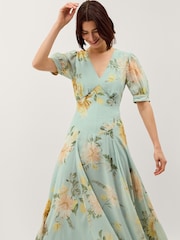Monsoon Green Carris Puff Sleeve Floral Midi Dress - Image 1 of 4