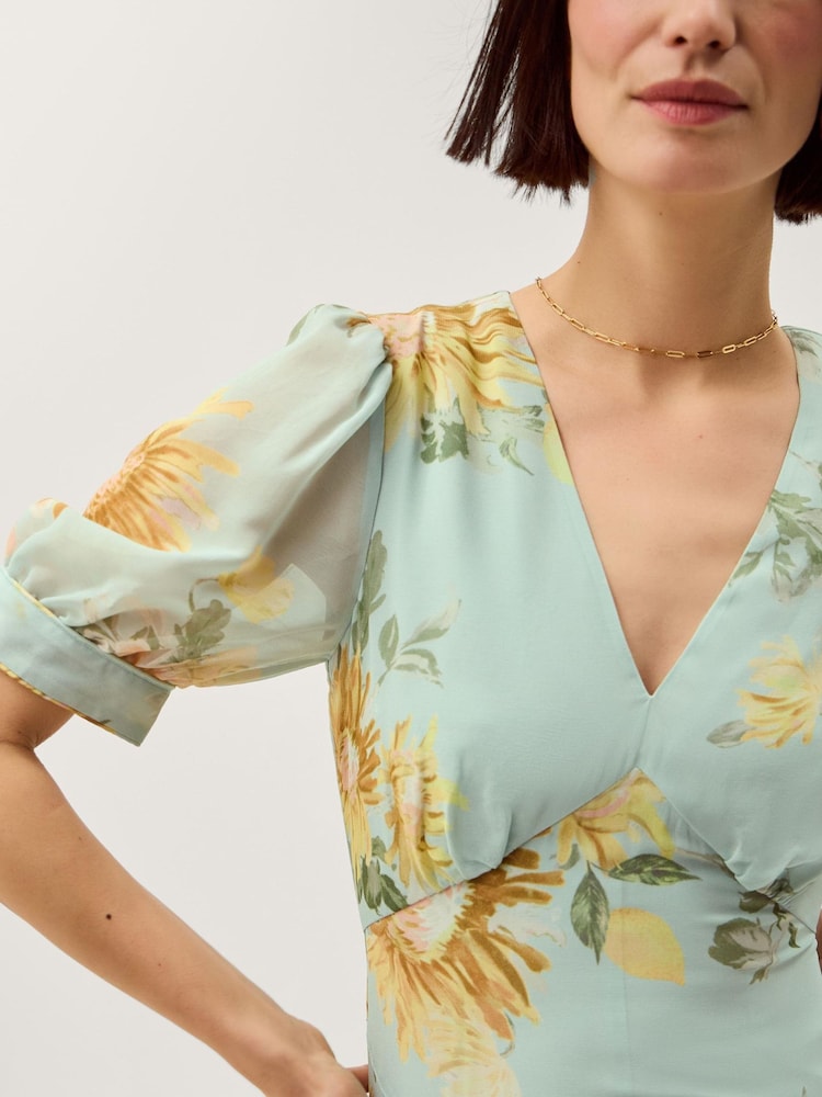 Monsoon Green Carris Puff Sleeve Floral Midi Dress - Image 2 of 4