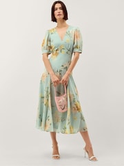 Monsoon Green Carris Puff Sleeve Floral Midi Dress - Image 4 of 4
