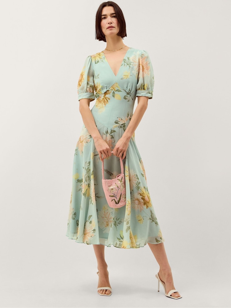 Monsoon Green Carris Puff Sleeve Floral Midi Dress - Image 4 of 4