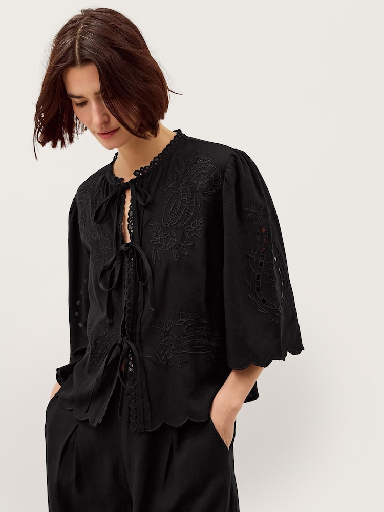 Monsoon Black Cindy Embroidered Tie Front Top - Image 1 of 4
