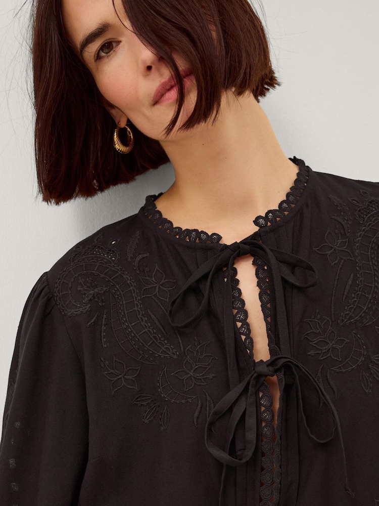Monsoon Black Cindy Embroidered Tie Front Top - Image 2 of 4