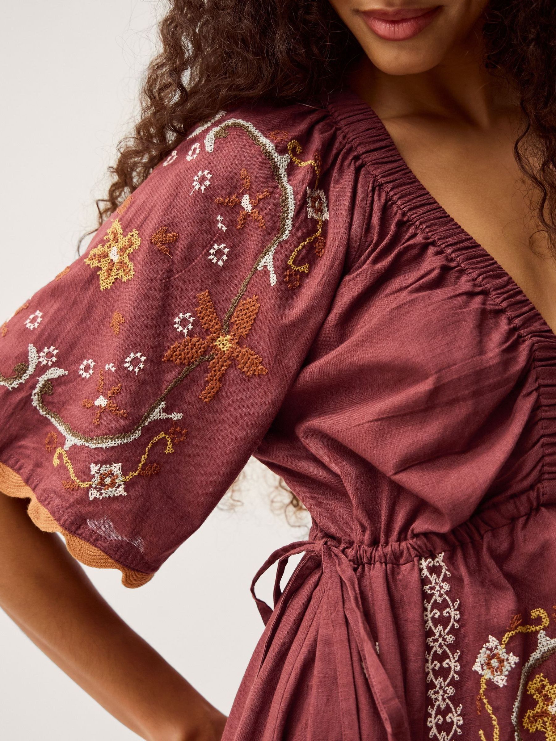 dorash  Buy Monsoon Brown Greta V-Neck Short Sleeve Embroidered Cotton