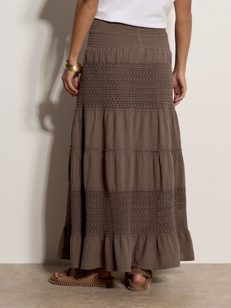 Apricot Brown Crochet Tiered Maxi Skirt - Image 2 of 5
