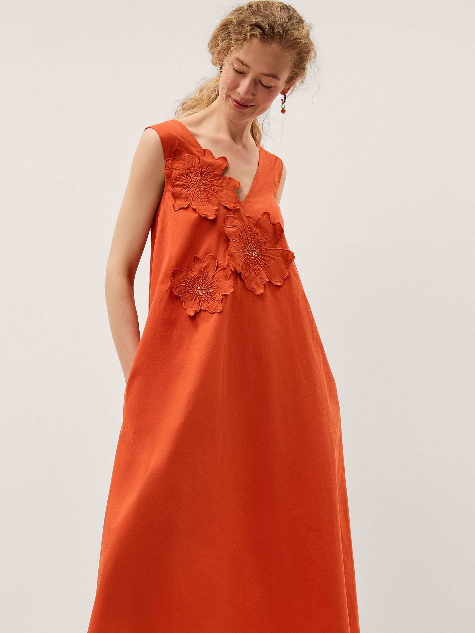 Buy Monsoon Orange Rosalie Floral Appliqué Cotton Midi Dress from