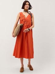 Monsoon Orange Rosalie Floral Appliqué Cotton Midi Dress - Image 1 of 4