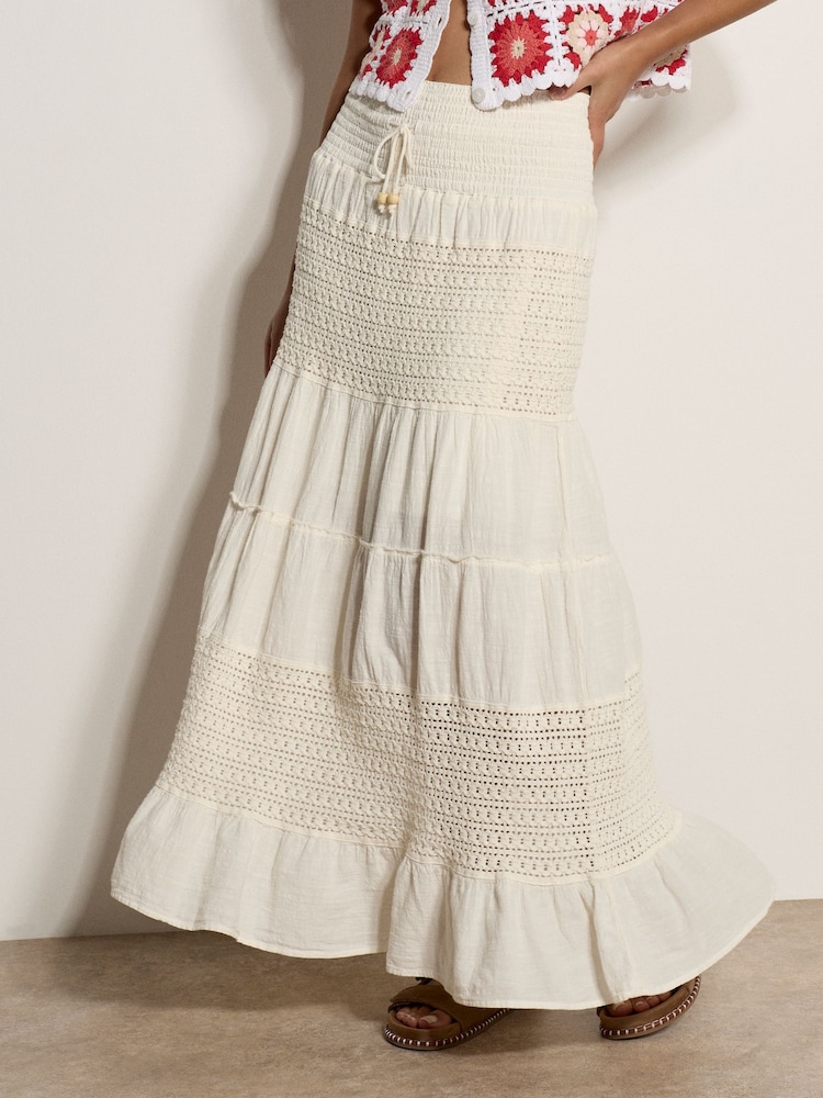Apricot Cream Crochet Tiered Maxi Skirt - Image 1 of 5