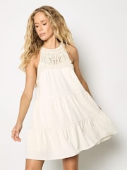 Apricot Natural Crochet Bodice Tiered Mini Dress - Image 1 of 4