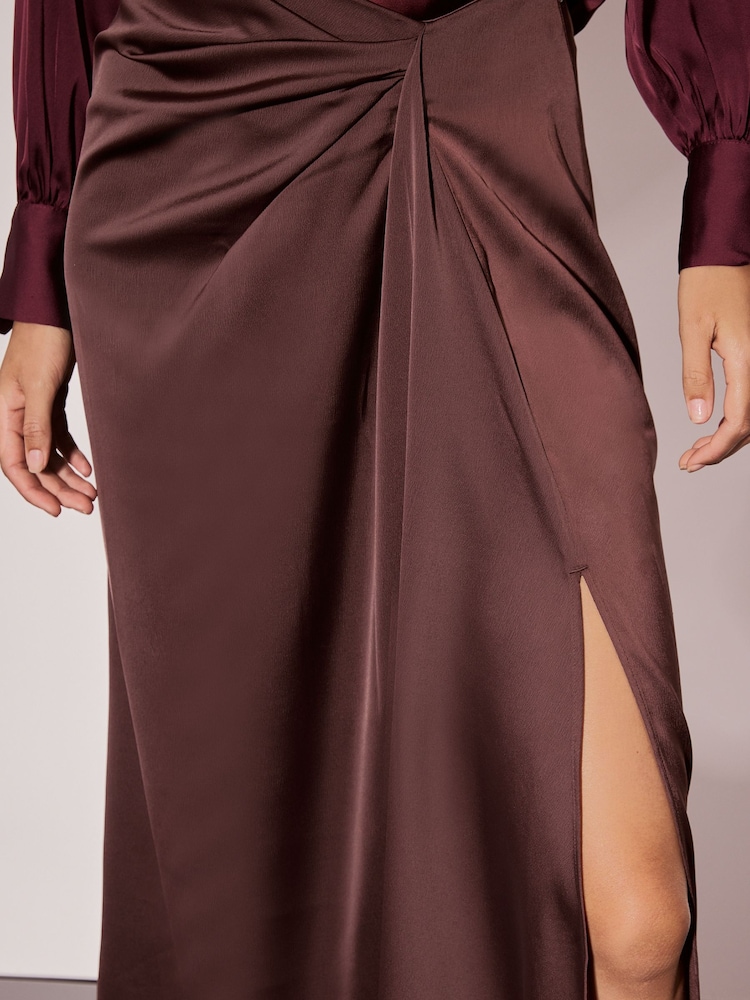 Lipsy Chocolate Brown Satin Draped Gathered Waist Side Split Midi Skirt - Image 2 of 6