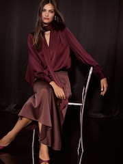 Lipsy Chocolate Brown Satin Draped Gathered Waist Side Split Midi Skirt - Image 4 of 6