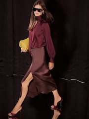 Lipsy Chocolate Brown Satin Draped Gathered Waist Side Split Midi Skirt - Image 5 of 6