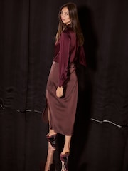 Lipsy Chocolate Brown Satin Draped Gathered Waist Side Split Midi Skirt - Image 6 of 6