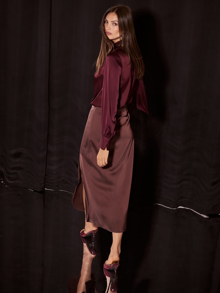Lipsy Chocolate Brown Satin Draped Gathered Waist Side Split Midi Skirt - Image 6 of 6