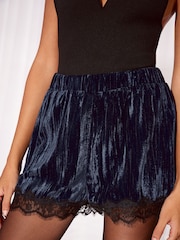 Lipsy Navy Velvet Lace Hem Shorts - Image 3 of 5