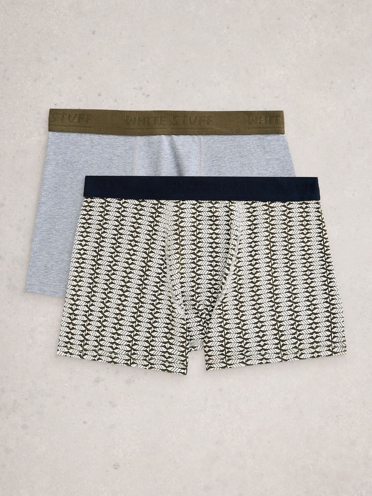White Stuff Green Hove Print & Plain Boxers 2 Pack - Image 1 of 4