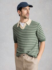 White Stuff Green Thame Linen Blend Knitted Polo Shirt - Image 1 of 6