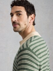 White Stuff Green Thame Linen Blend Knitted Polo Shirt - Image 4 of 6