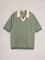 White Stuff Green Thame Linen Blend Knitted Polo Shirt - Image 5 of 6