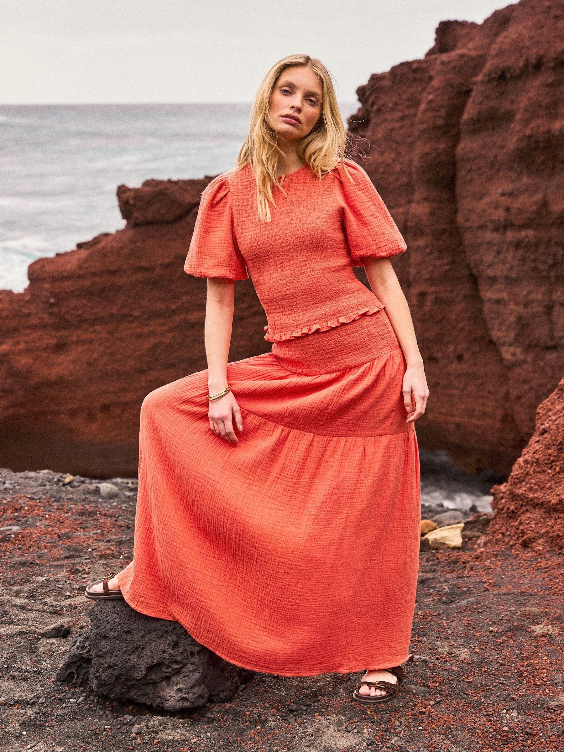 Buy Ro&Zo Orange/pink Cheesecloth Shirred Waistband Skirt from the