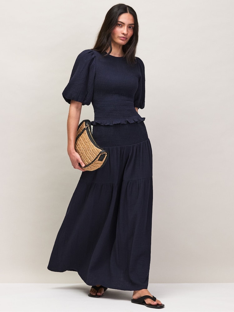 Ro&Zo Navy Blue Cheesecloth Shirred Waistband Skirt - Image 2 of 6